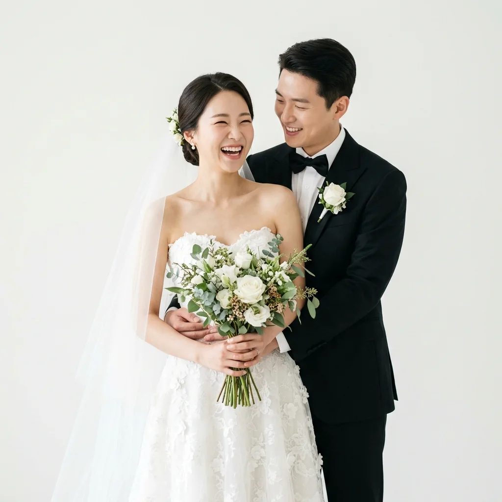Bride and groom in a white studio with soft light
