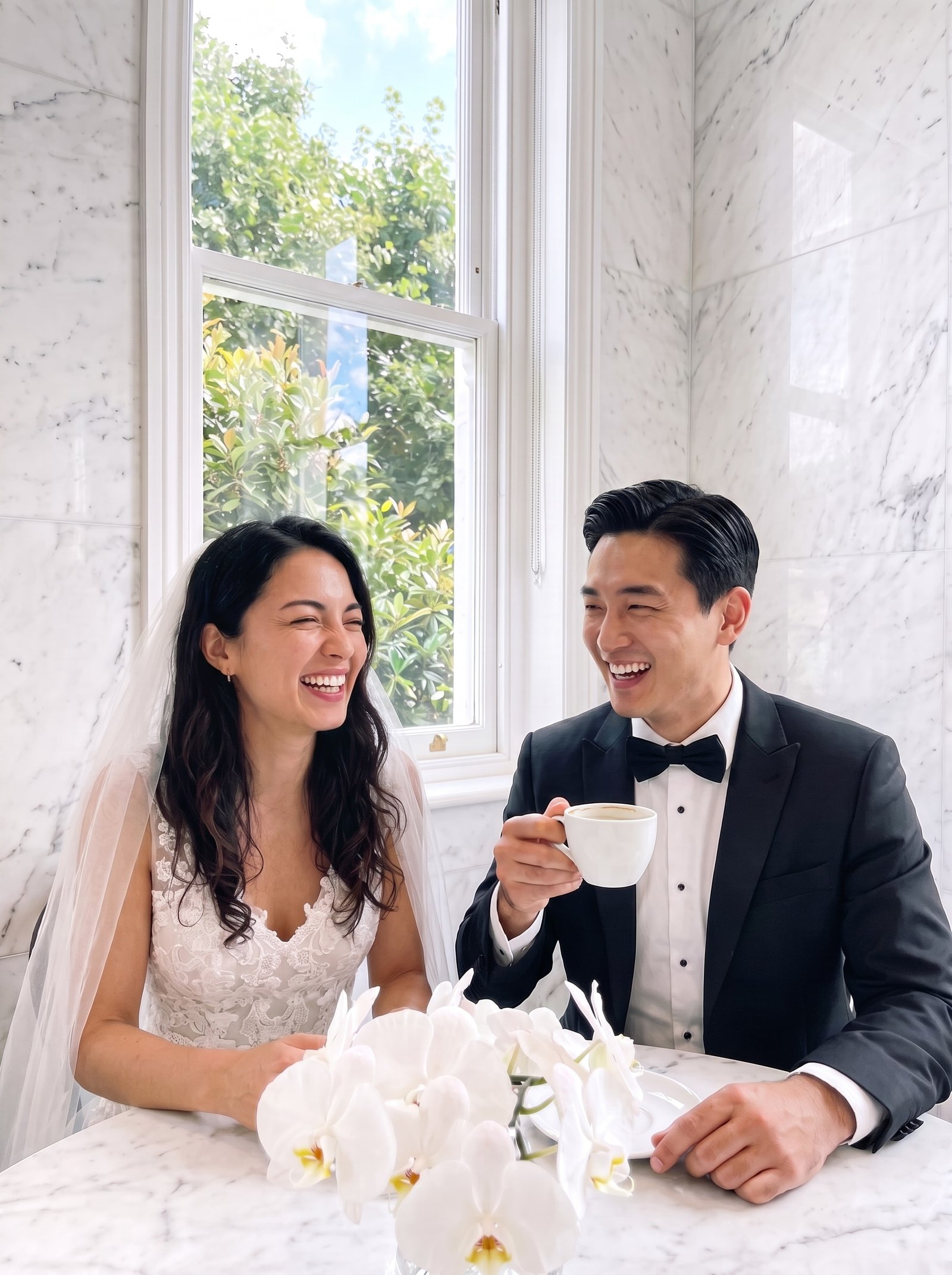 Couple in casual outfits at a café