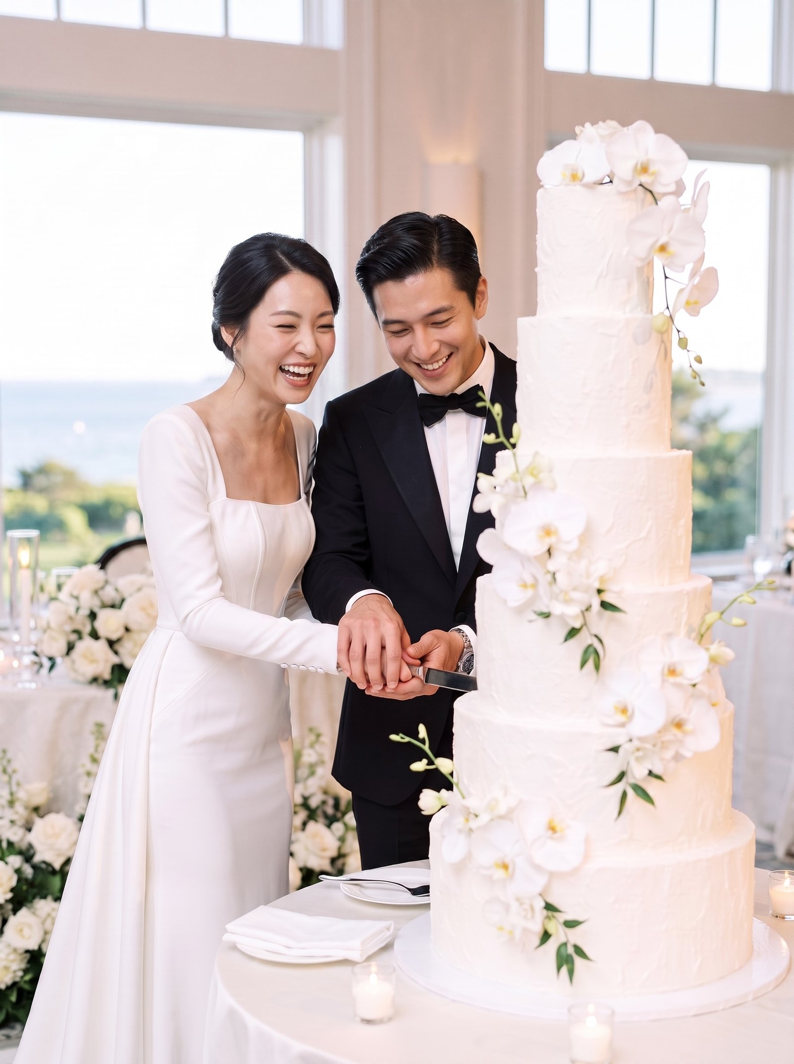 Couple cutting a wedding cake