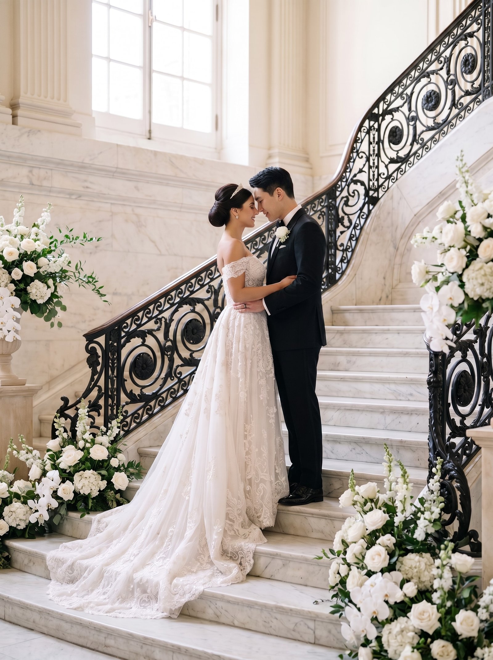 Couple on a grand staircase