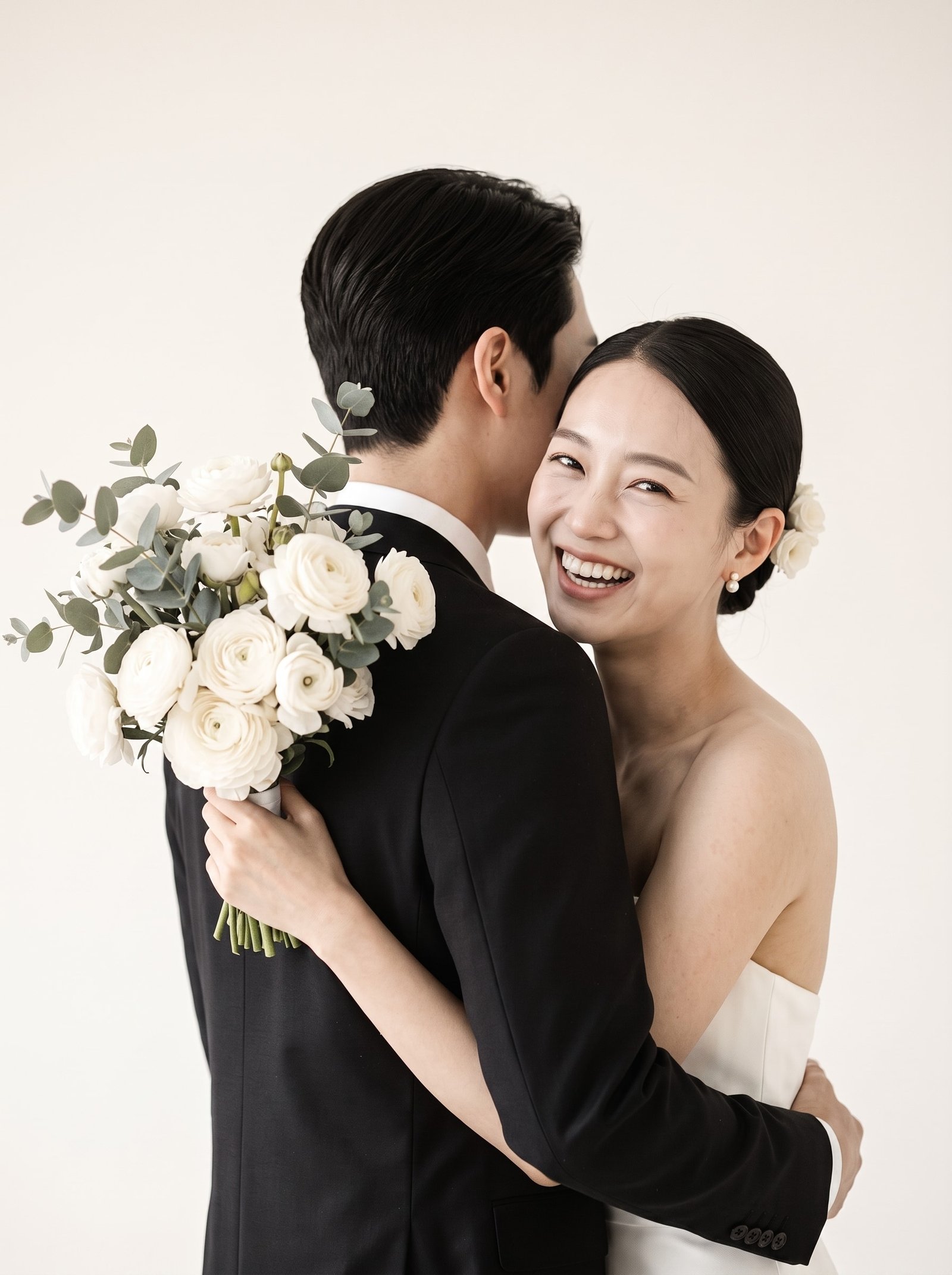 Bride hiding behind a bouquet in a white studio