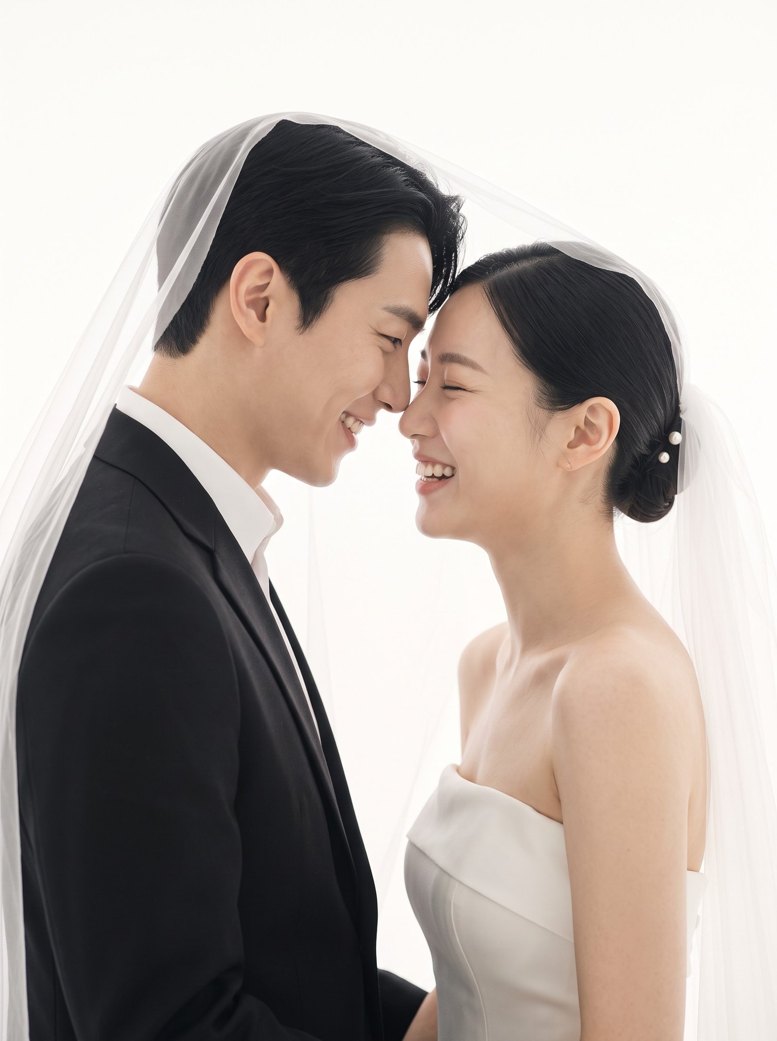 Couple playing with the veil in a studio