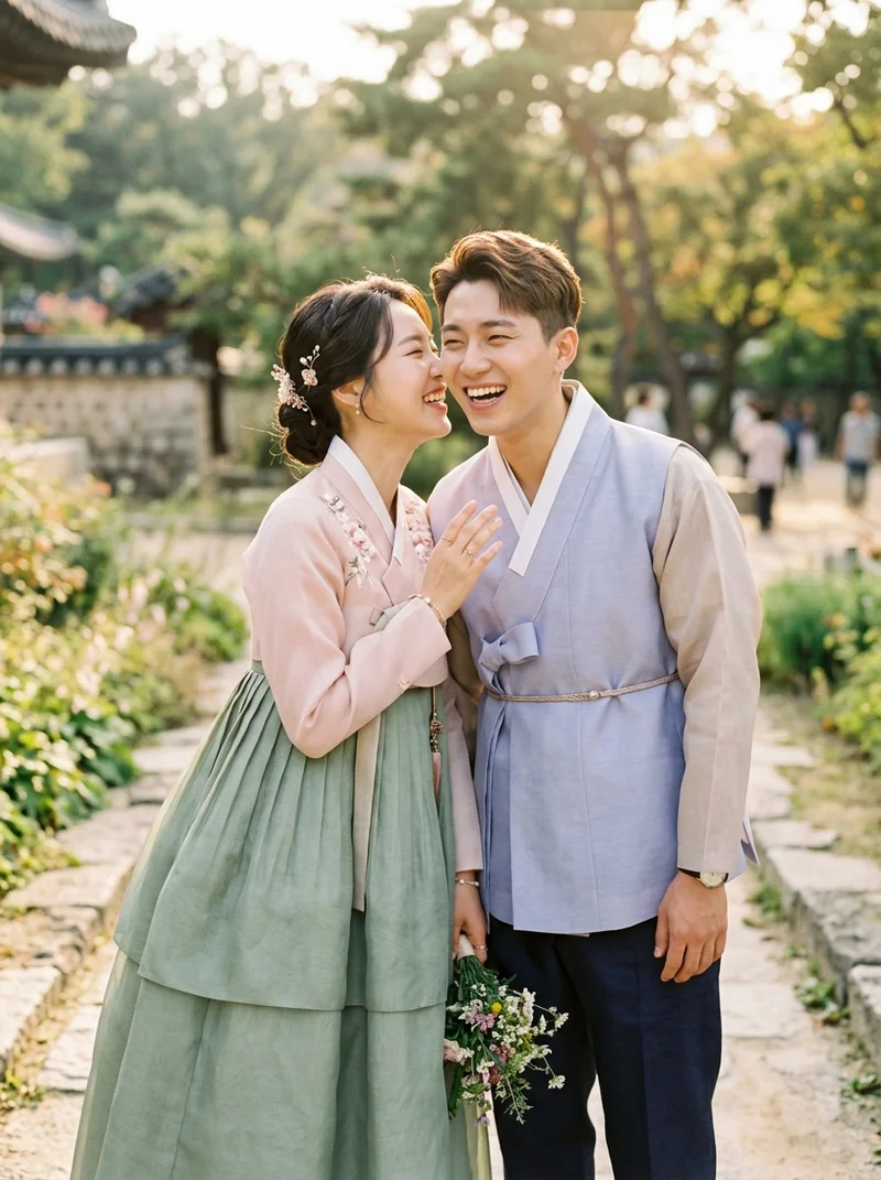 Couple in modern pastel hanbok on a garden path