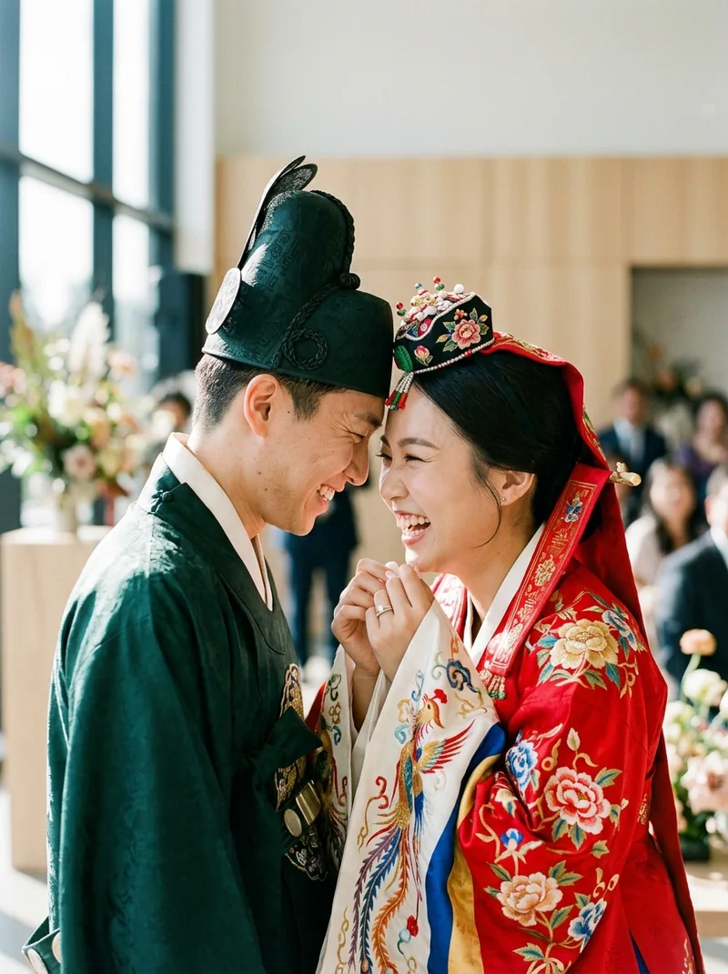 Couple in traditional Korean wedding attire